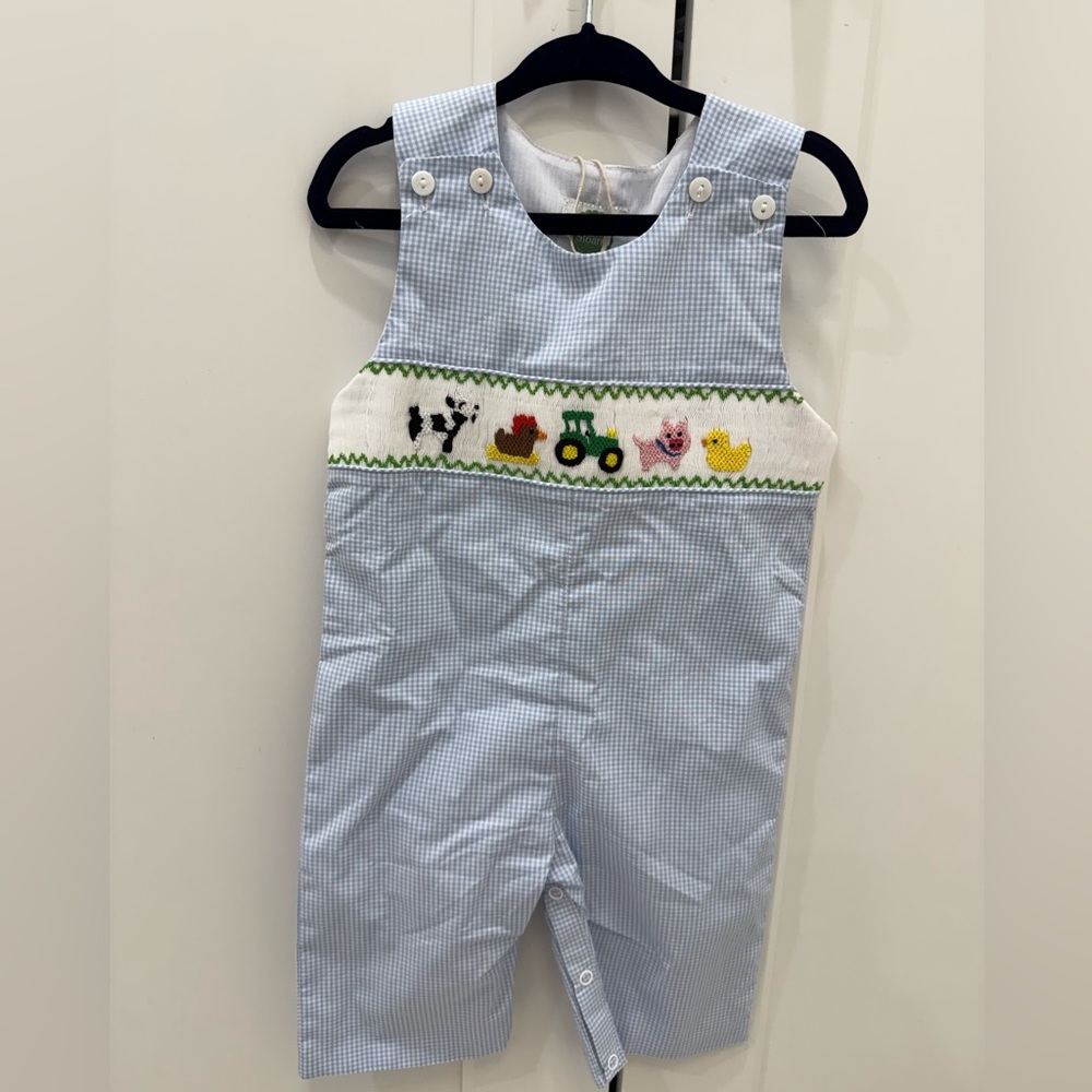 little sloans gingham smocked jon jon overalls barnyard farm animals tractor